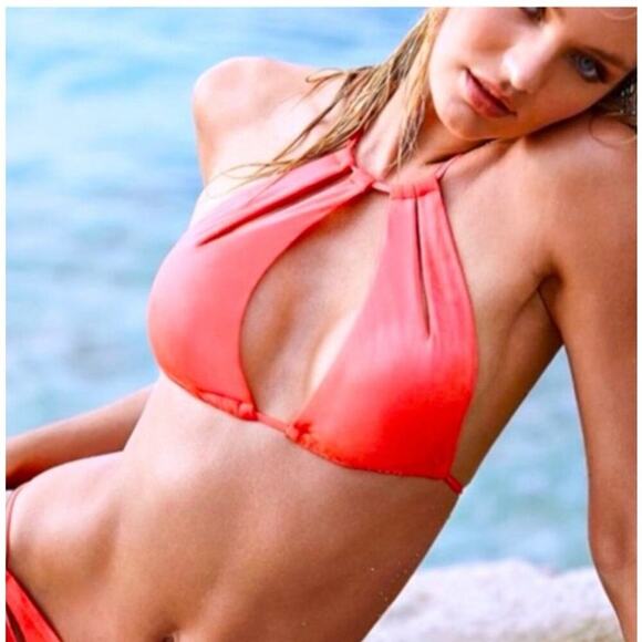 Victoria's Secret Peach Metallic Halter String Tie Bikini Swim Top Size Medium - Picture 1 of 6